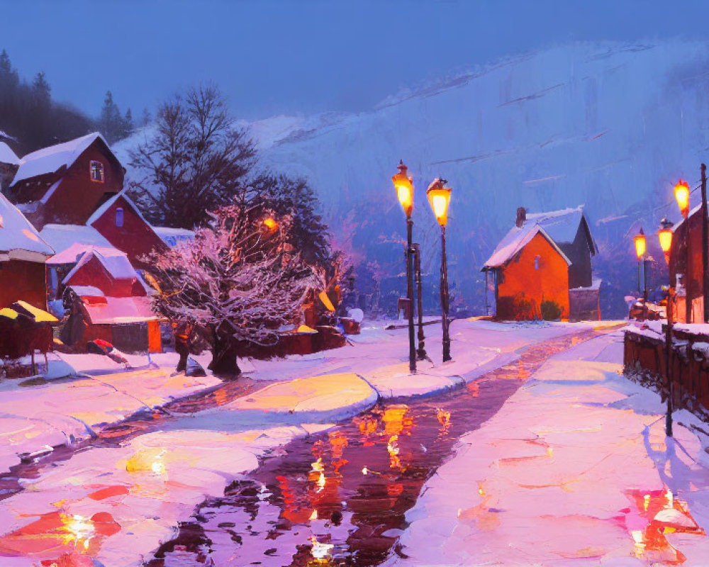 Snowy Evening in Quiet Village: Warm Glowing Lights and Wet Road Reflections