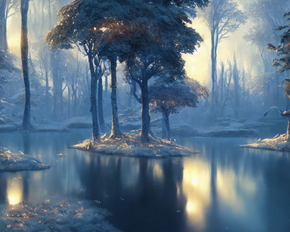 Tranquil Frost-Covered Forest with Misty Light and Twilight Reflections