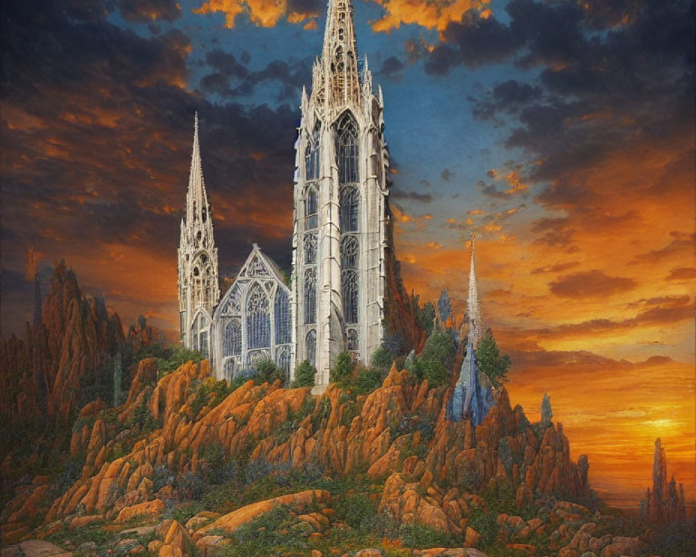 Gothic Cathedral on Rocky Hill at Sunset with Dramatic Sky