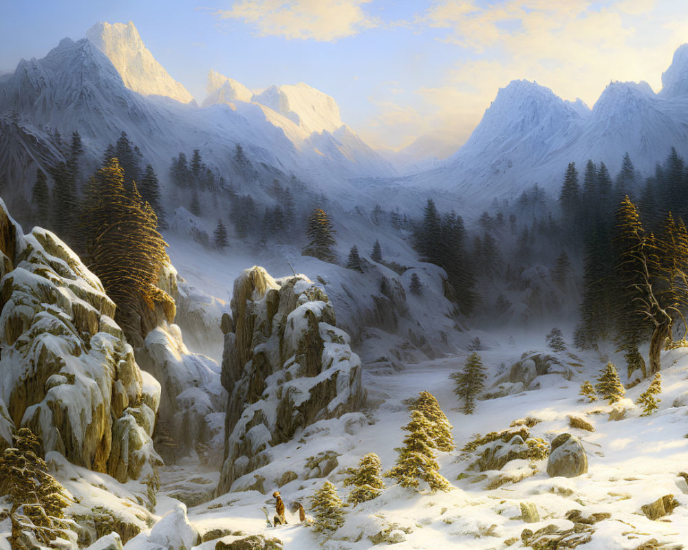 Snowy Mountain Landscape with Hiker and Warm Light