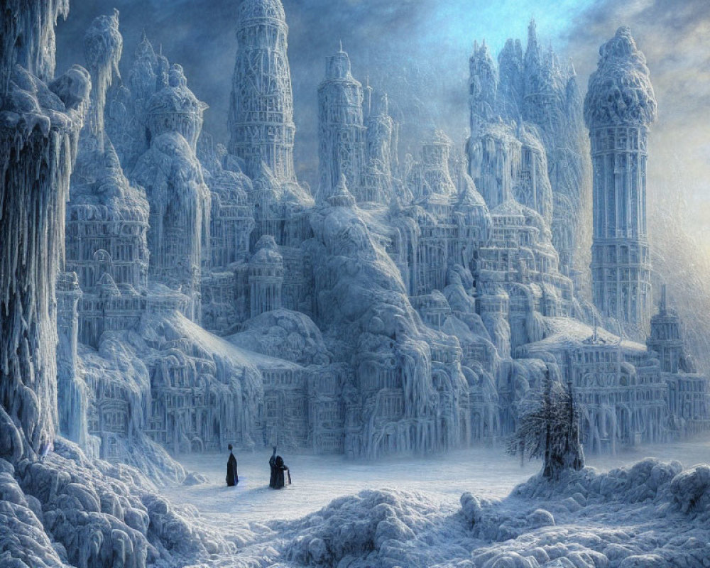 Wintry scene with figures approaching ice city and frozen spires