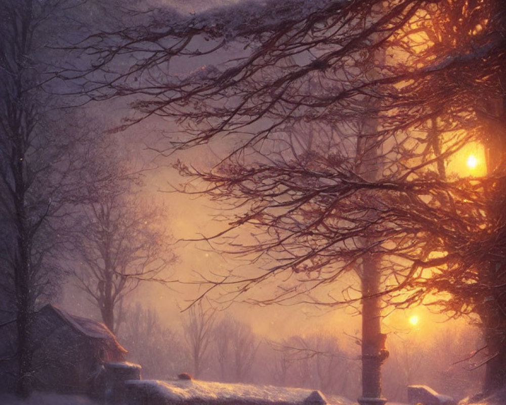 Snowy Twilight Scene: Glowing Lights, Bare Trees, Lamp Post, Deer Silhouettes