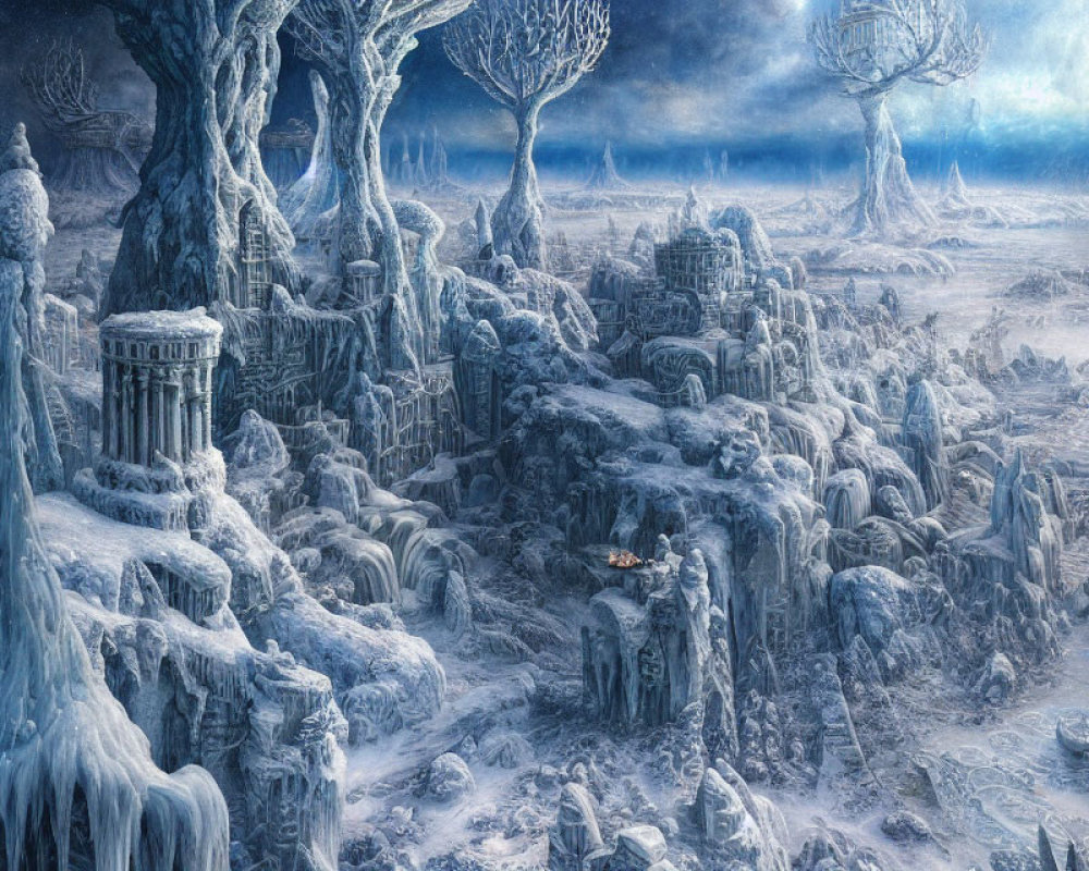 Frozen landscape with icy cliffs, ancient ruins, leafless trees, and distant warm light