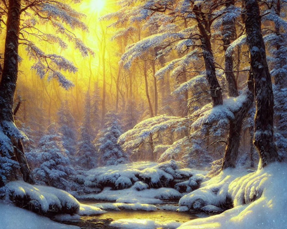 Winter forest scene: Sunlight on snow-covered pine trees by a serene stream