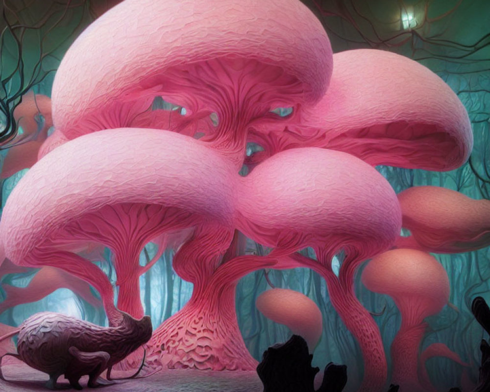 Fantastical image of oversized pink mushrooms in a mystical forest with an armadillo-like creature.