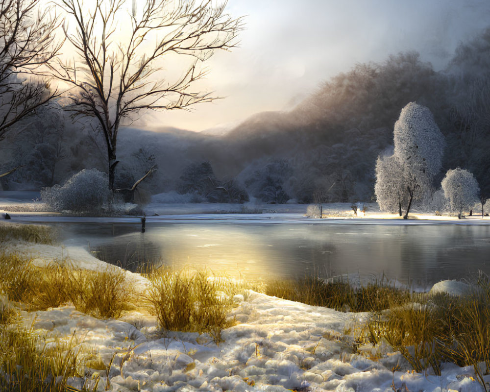 Frozen Lake Surrounded by Snow-Covered Trees in Winter