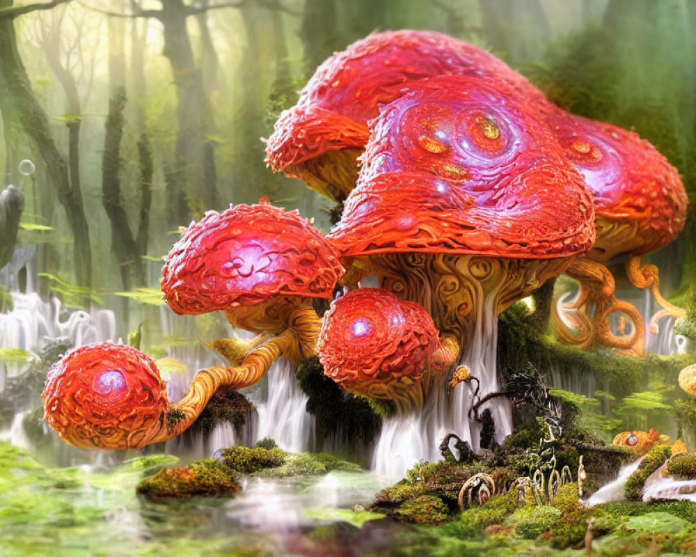 Fantasy artwork of oversized red mushrooms in misty forest