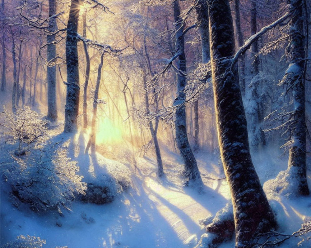 Snowy Winter Forest Scene with Sunlight and Long Shadows