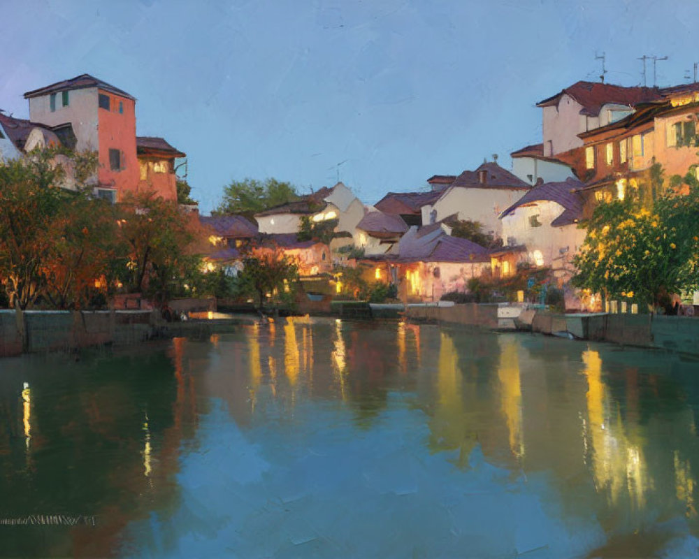 Tranquil river at twilight with illuminated houses and green trees