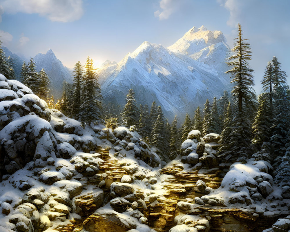 Snowy Winter Landscape with Trees, Stream, and Mountains