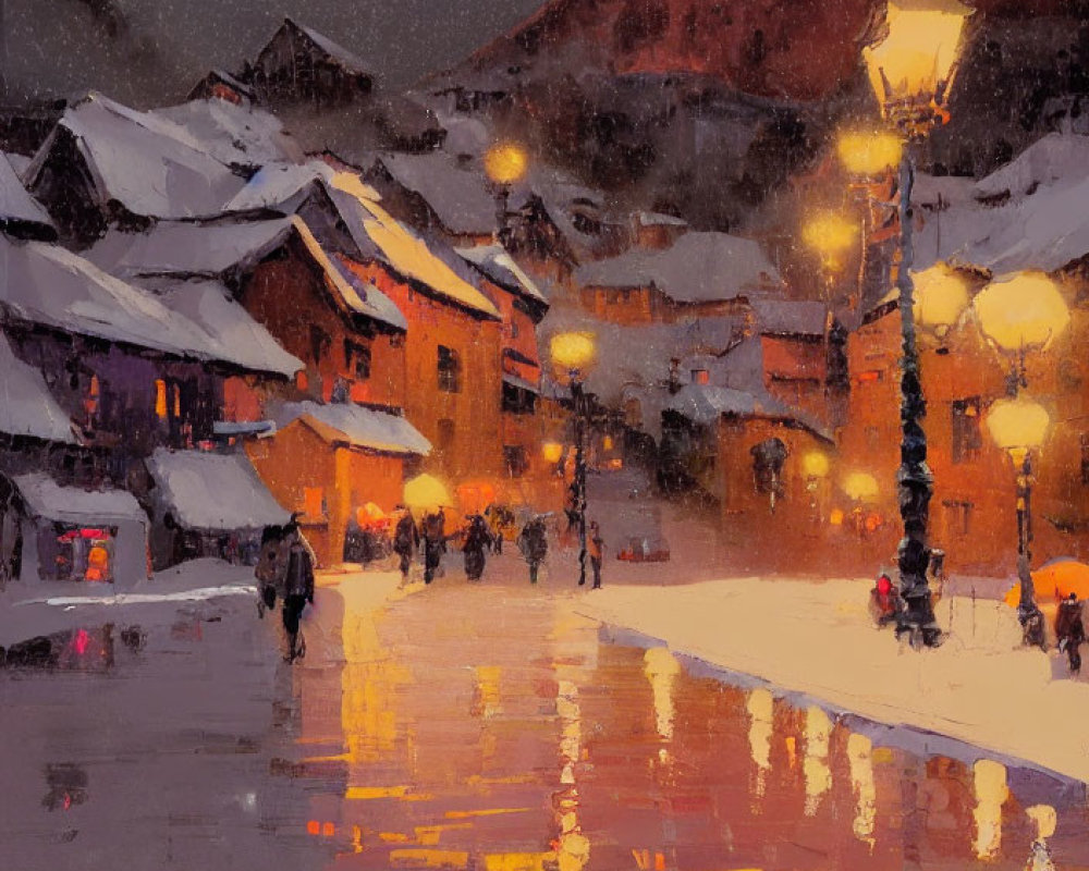 Snowy Evening in Quaint Village with Warmly Lit Street Lamps