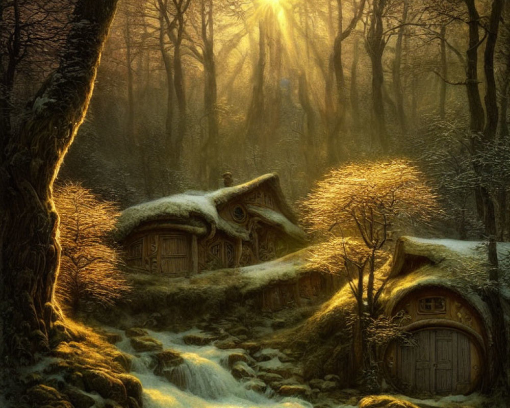 Snow-covered hobbit-style houses in enchanting forest by stream under warm sunlight