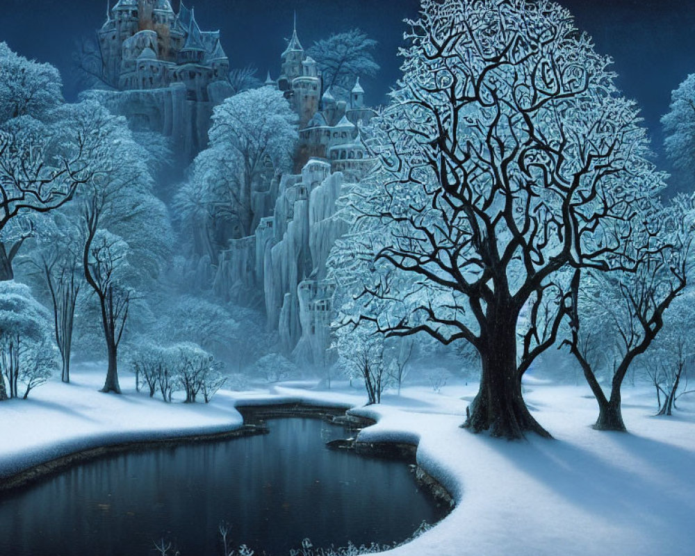 Snowy fairytale castle on cliffs with winter landscape & frozen pond