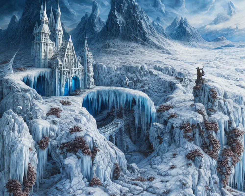 Frozen castle, warrior, waterfalls in icy landscape