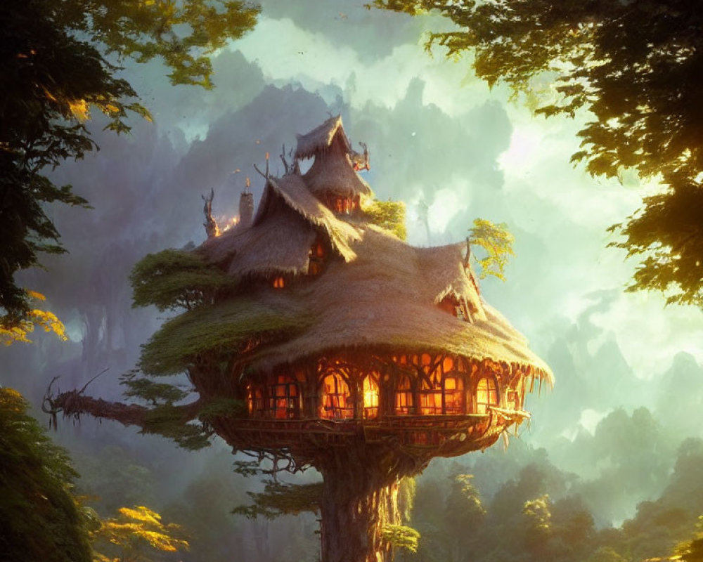 Thatched Roof Treehouse in Mystical Forest with Sunlight and Mountains