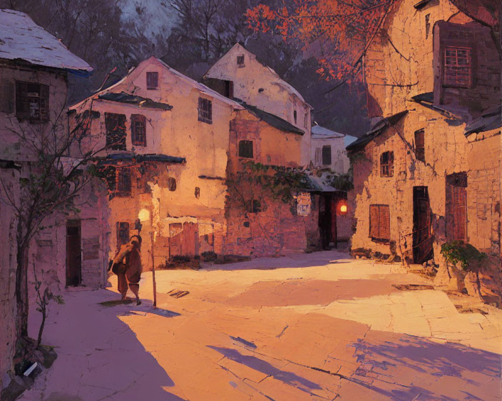 Peaceful village scene at twilight with cobblestone streets, person walking, traditional houses, and autumn