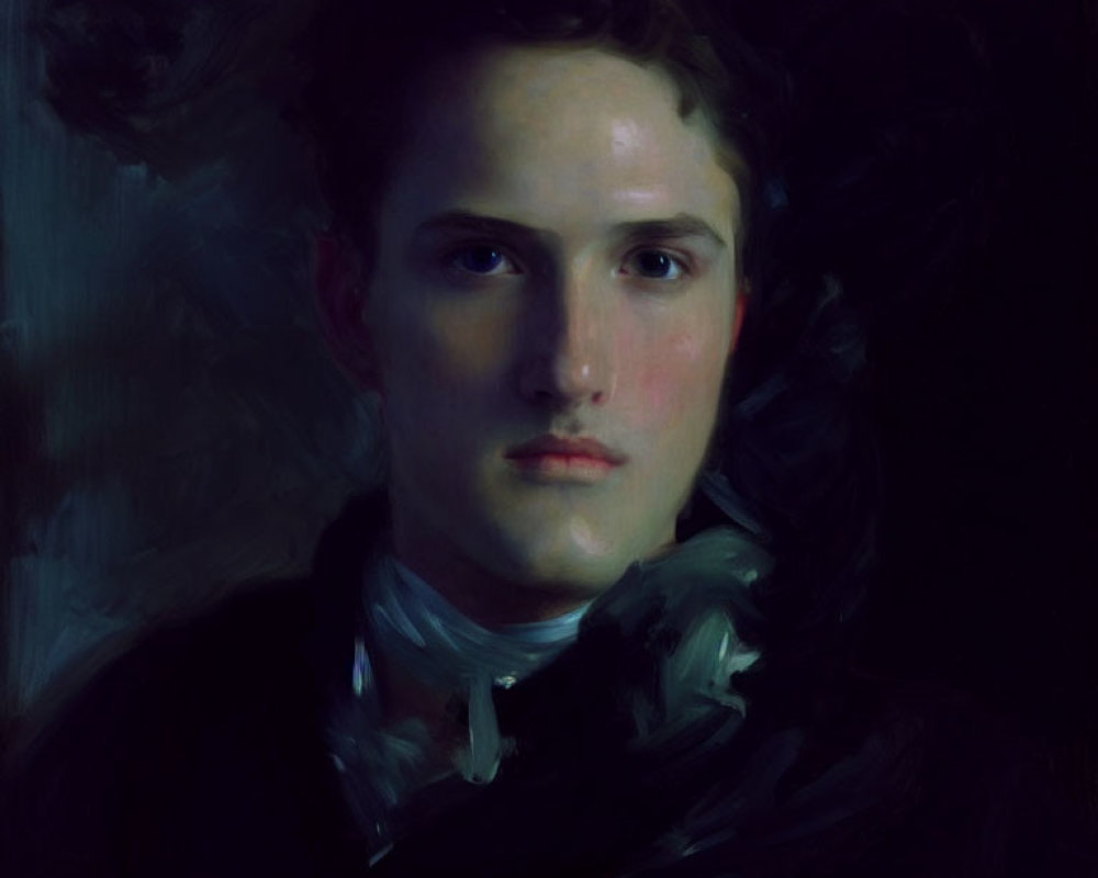 Portrait of young person with fair skin and wavy brown hair in dark attire with white collar