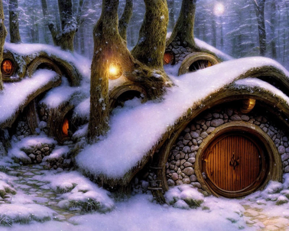 Snow-covered forest with hobbit-like houses and round doors