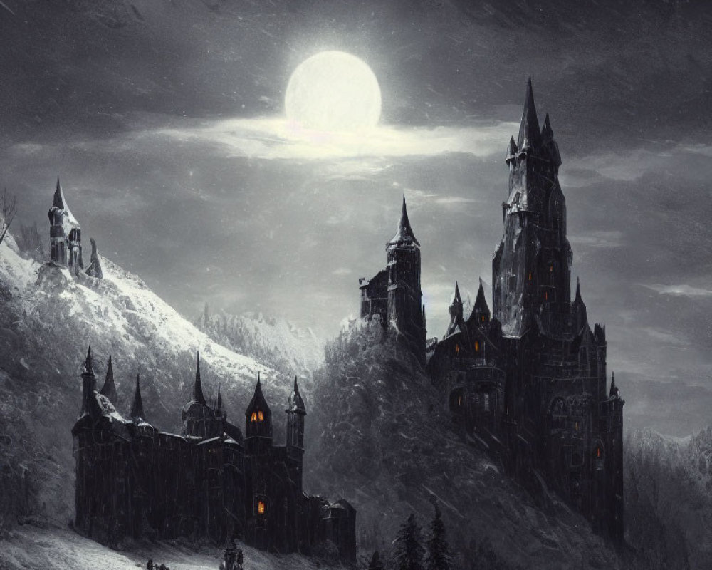 Gothic castle at night with full moon on snowy hill.