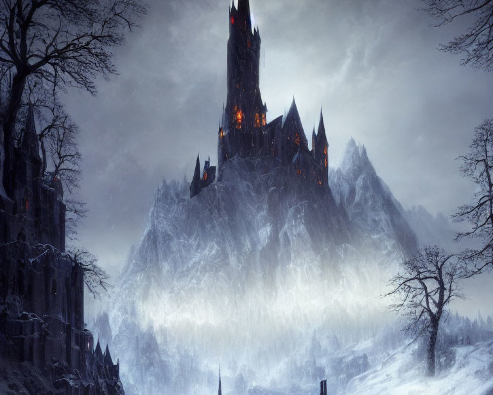 Gothic castle on cliff in wintry landscape at dusk.