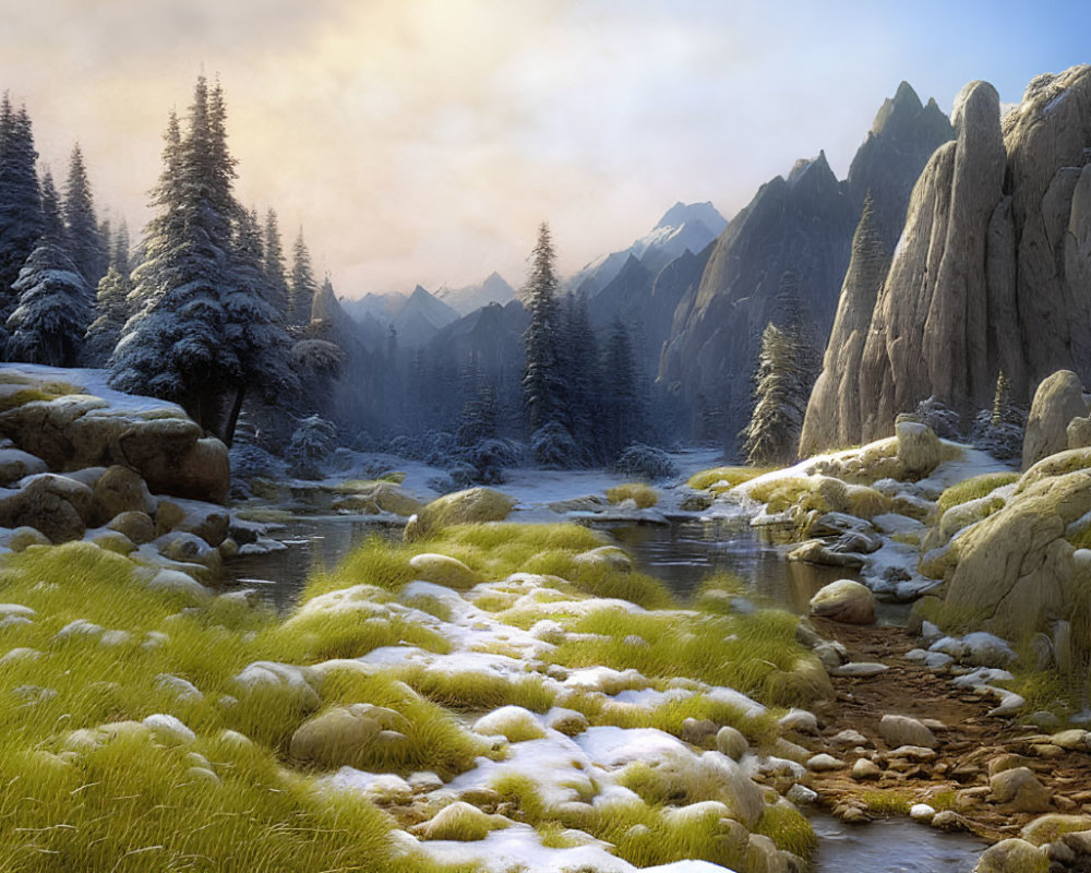 Winter landscape with river, snowy rocks, pine trees, and mountain peaks in soft sunlight