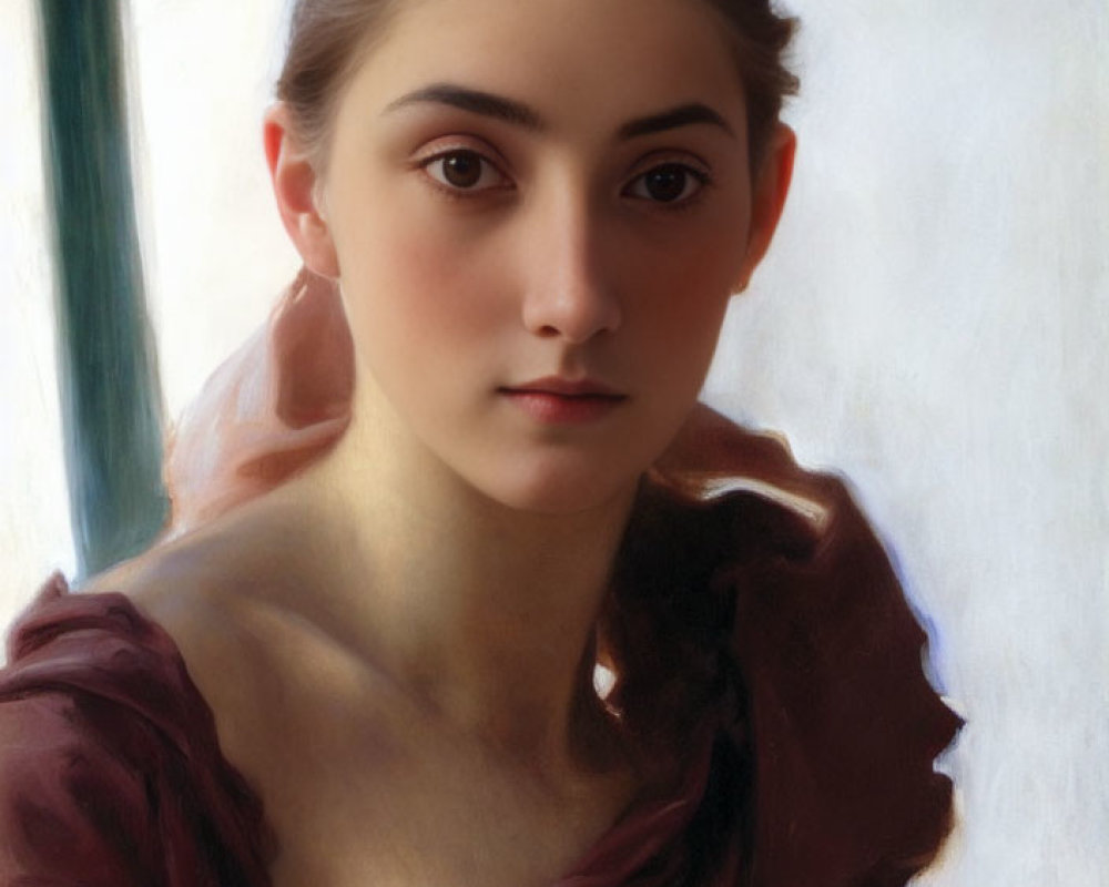 Serene young woman with dark hair and striking eyebrows in burgundy garment