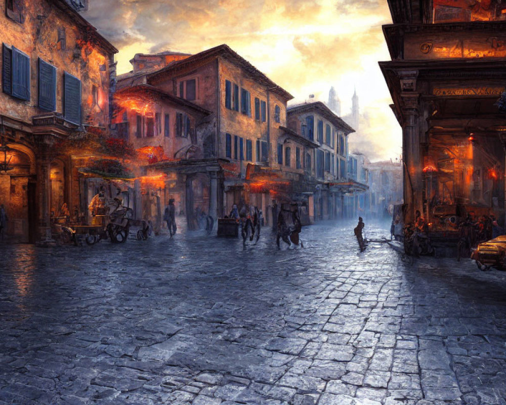 Cobblestone street scene at dusk with glowing windows and carts