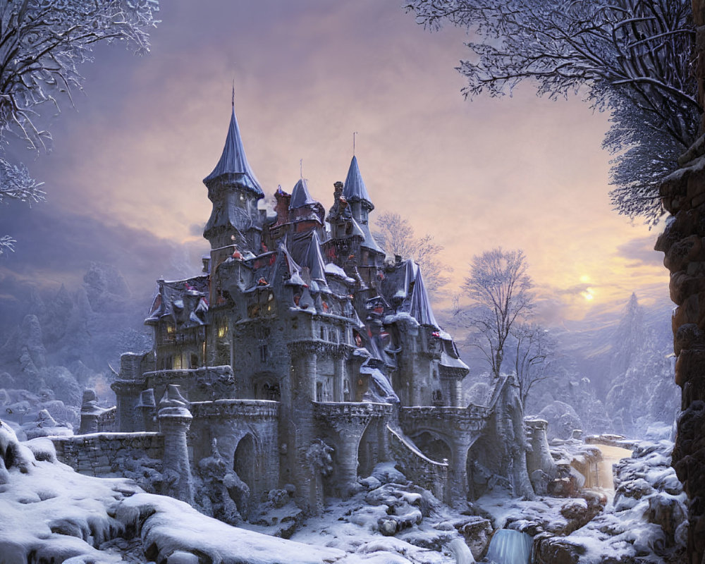 Snow-covered stone castle in winter sunset with icy trees and frozen river