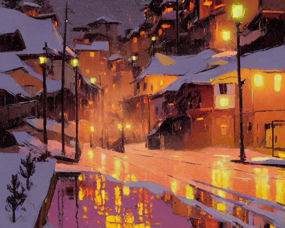 Snowy Evening in Quaint Village with Glowing Lights