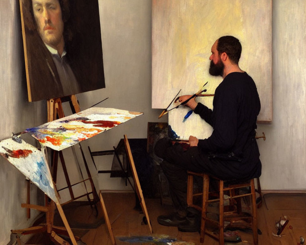 Painter in black outfit seated at easel in art studio with self-portrait on wall