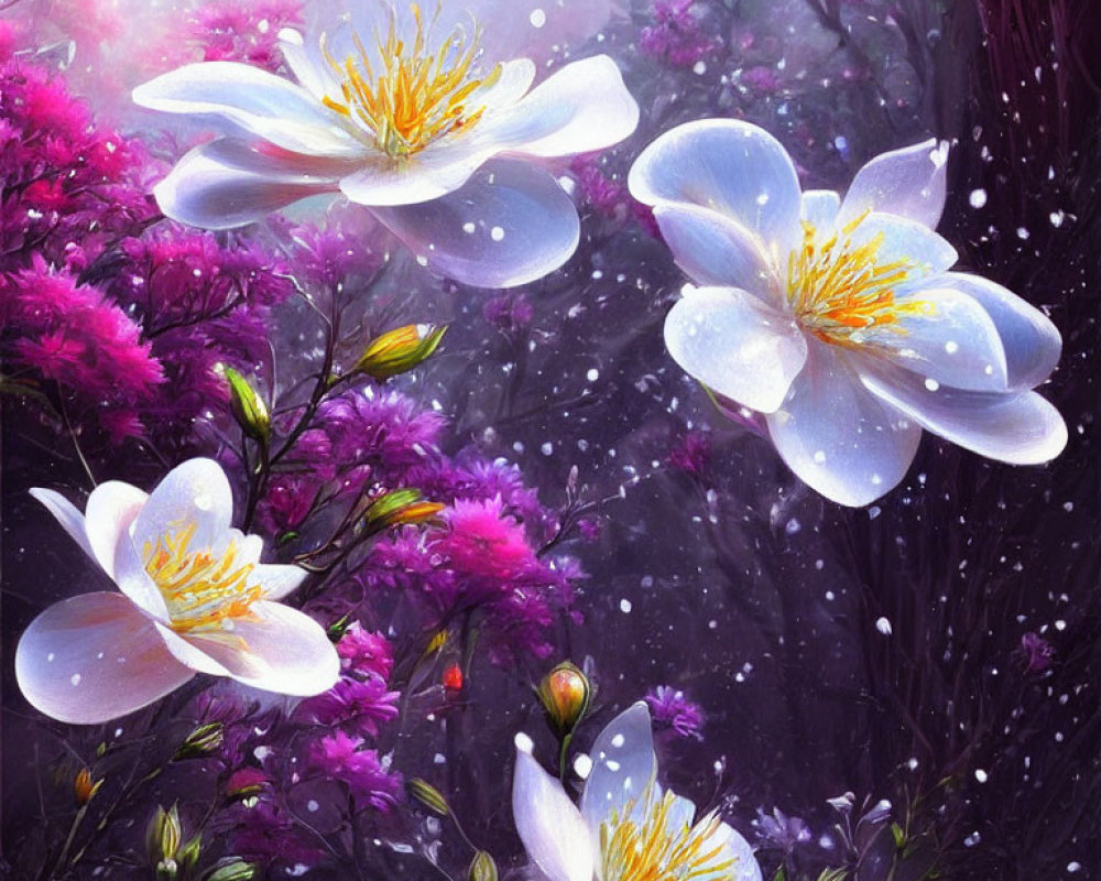 Digital Artwork: White and Yellow Flowers in Pink Blossoms with Mystical Forest Backdrop