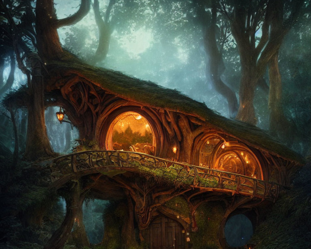 Enchanting illuminated treehouse in mystical forest with round windows