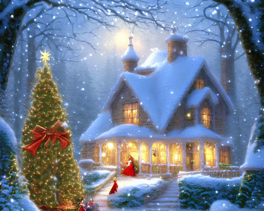 Snow-covered house, Christmas tree, person in red attire in winter scene.