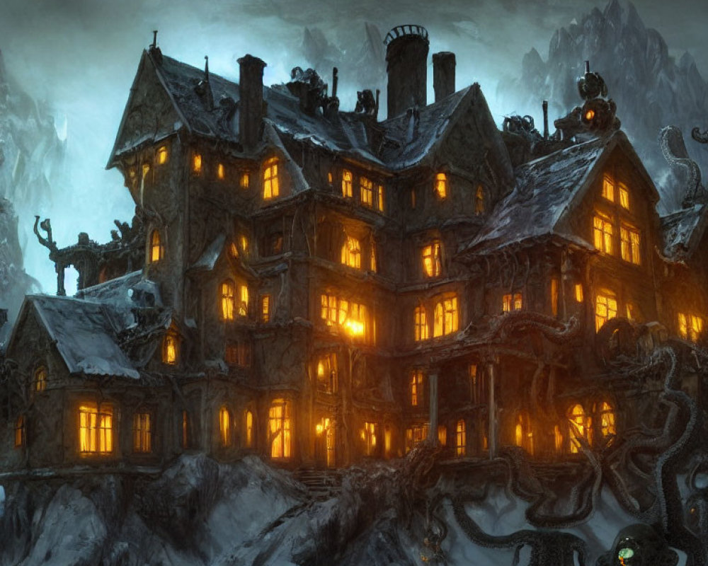 Gothic mansion in snowy mountains with ominous vines