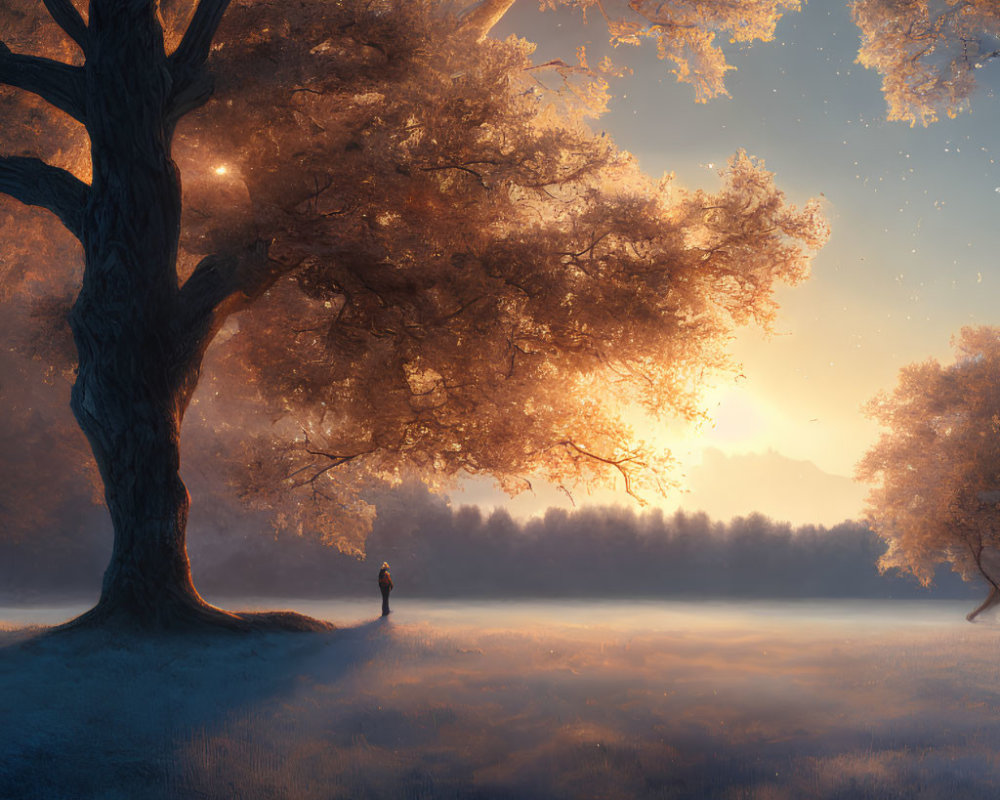 Person standing under large tree with golden leaves in tranquil, fog-covered landscape