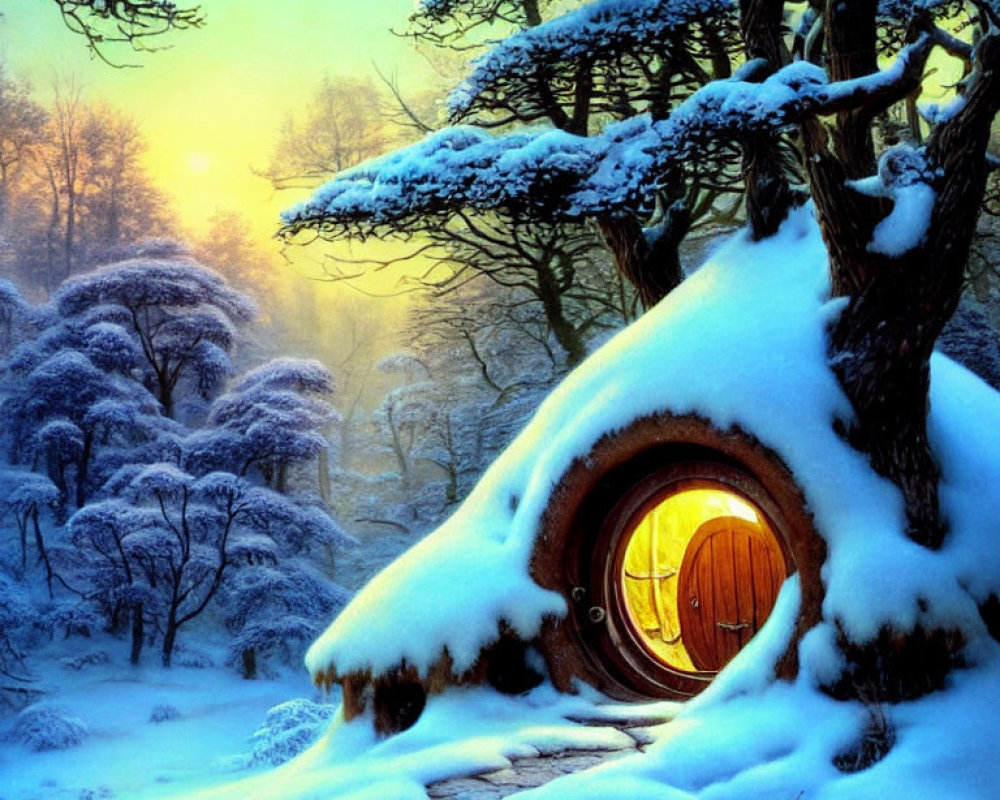 Round Hobbit-style door in snowy landscape at sunset