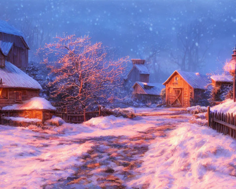 Snowy village scene at dusk with warm glowing light and falling snowflakes.