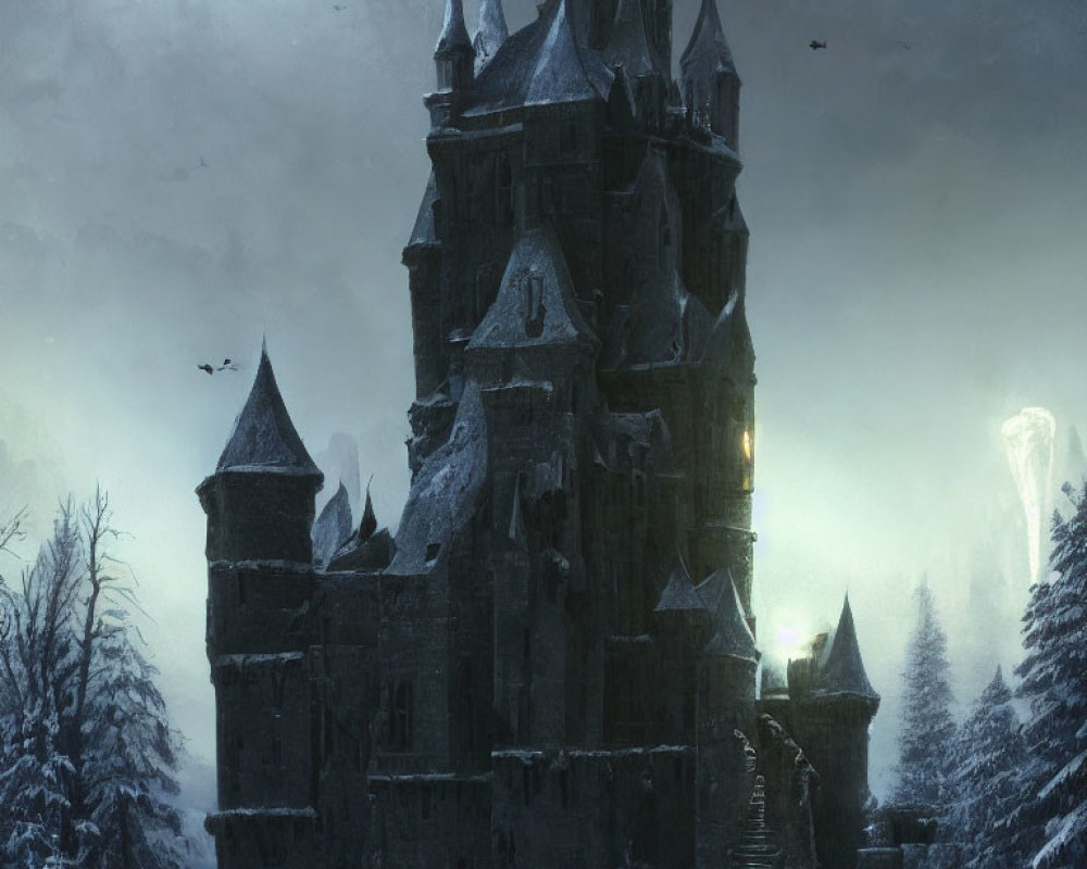 Gothic castle night scene with snow, illuminated windows, flying birds, misty sky