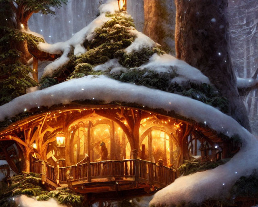 Snowy Twilight Forest Treehouse Illuminated Warmly