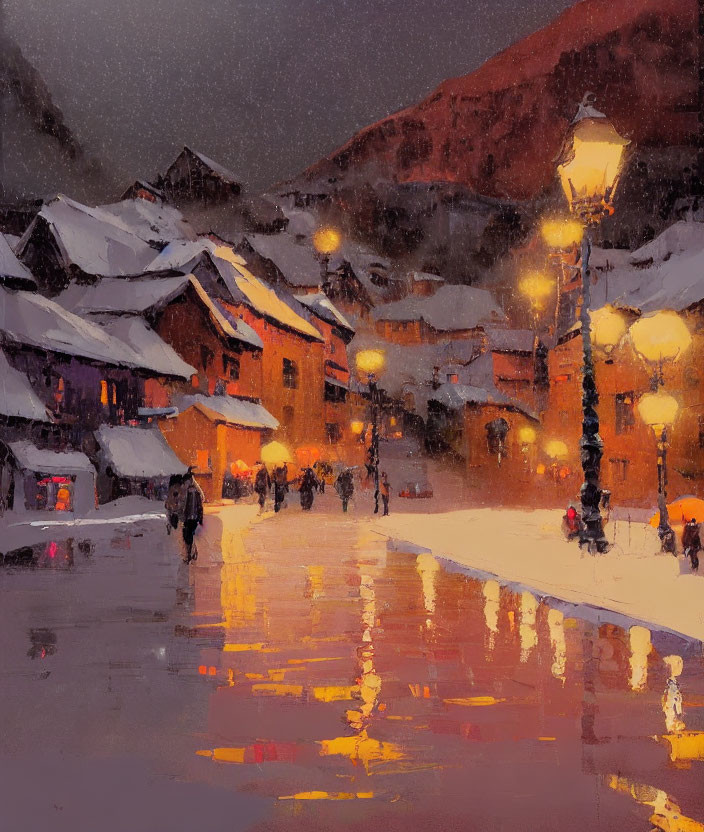 Snowy Evening in Quaint Village with Warmly Lit Street Lamps