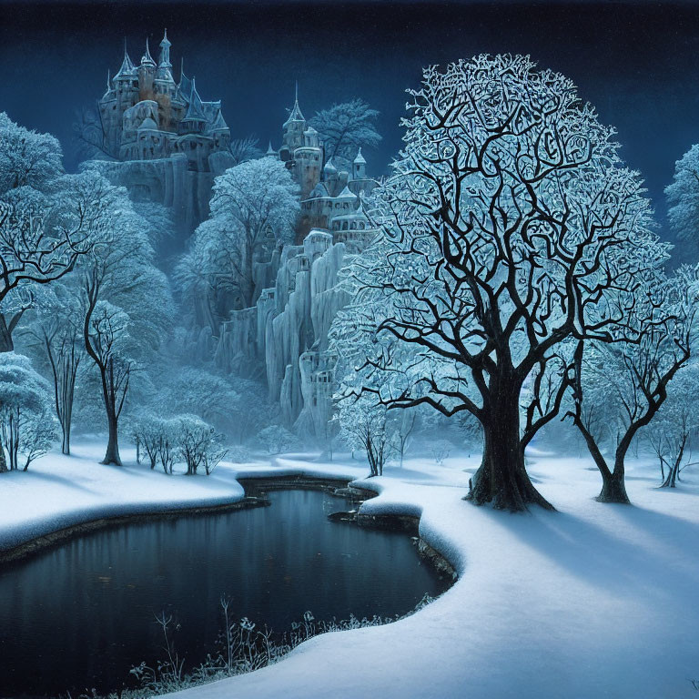 Snowy fairytale castle on cliffs with winter landscape & frozen pond