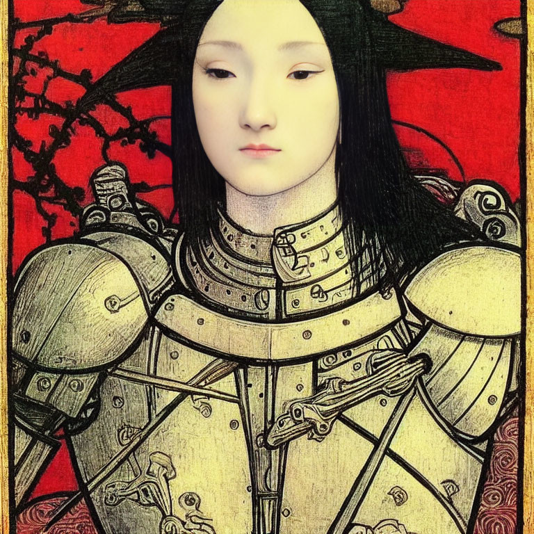 Stylized female figure in ornate armor on red and gold background