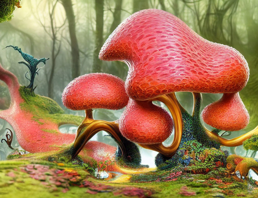 Colorful forest scene with oversized red mushrooms and whimsical creatures