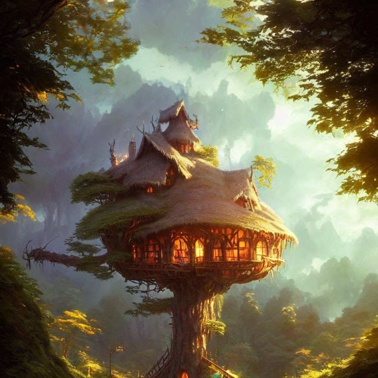 Thatched Roof Treehouse in Mystical Forest with Sunlight and Mountains