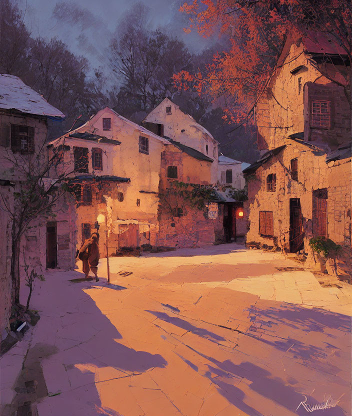 Peaceful village scene at twilight with cobblestone streets, person walking, traditional houses, and autumn