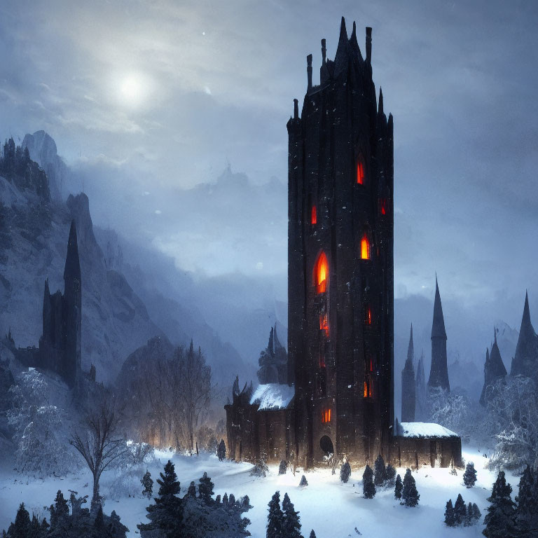 Black Tower with Red Windows in Snowy Landscape and Moonlit Sky