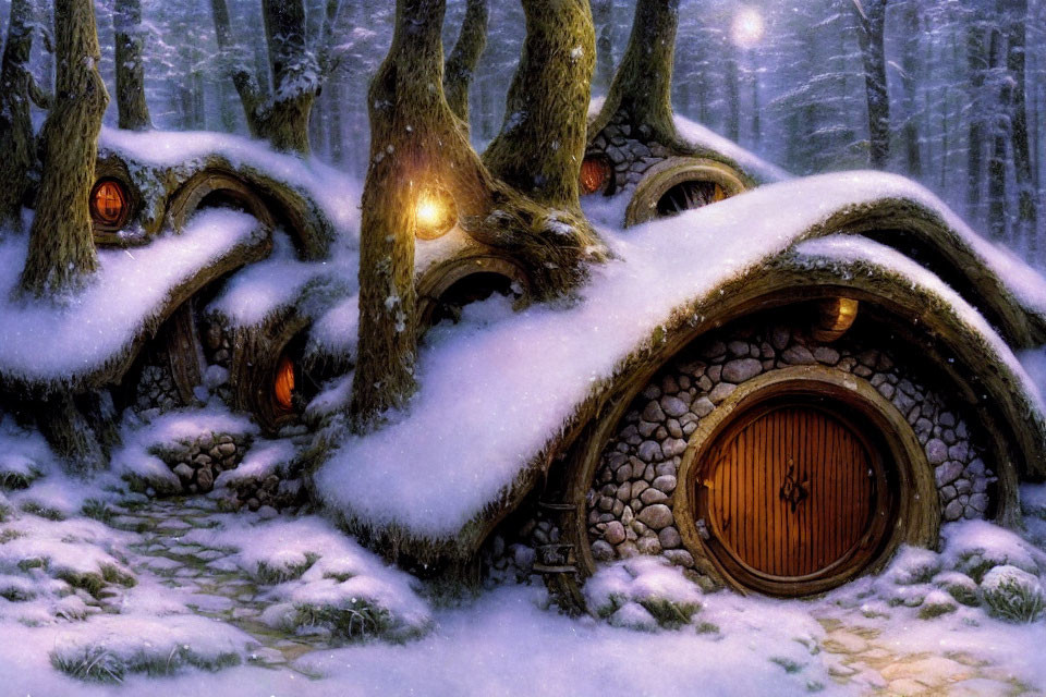 Snow-covered forest with hobbit-like houses and round doors