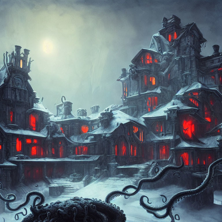 Snow-covered gothic town under full moon with red-lit windows and ominous tentacles.