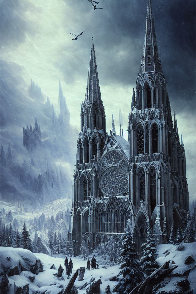 Gothic cathedral in snowy landscape with flying birds at twilight