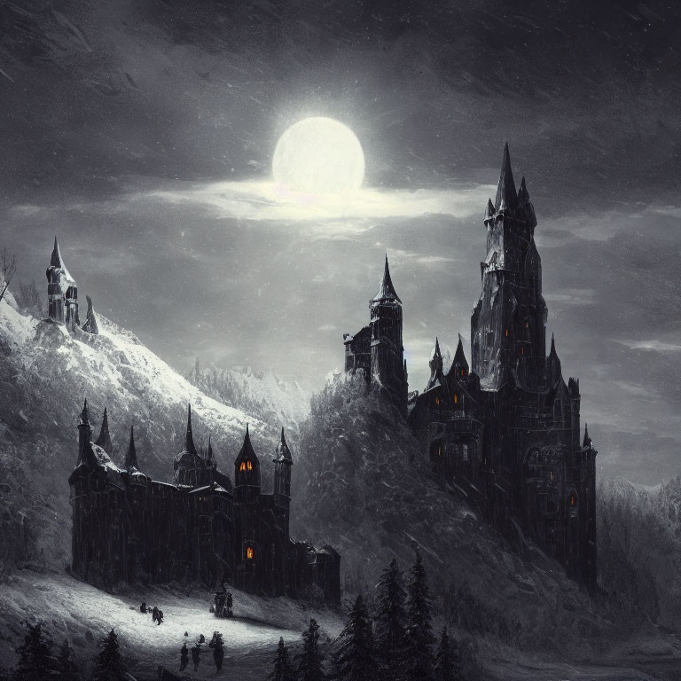 Gothic castle at night with full moon on snowy hill.